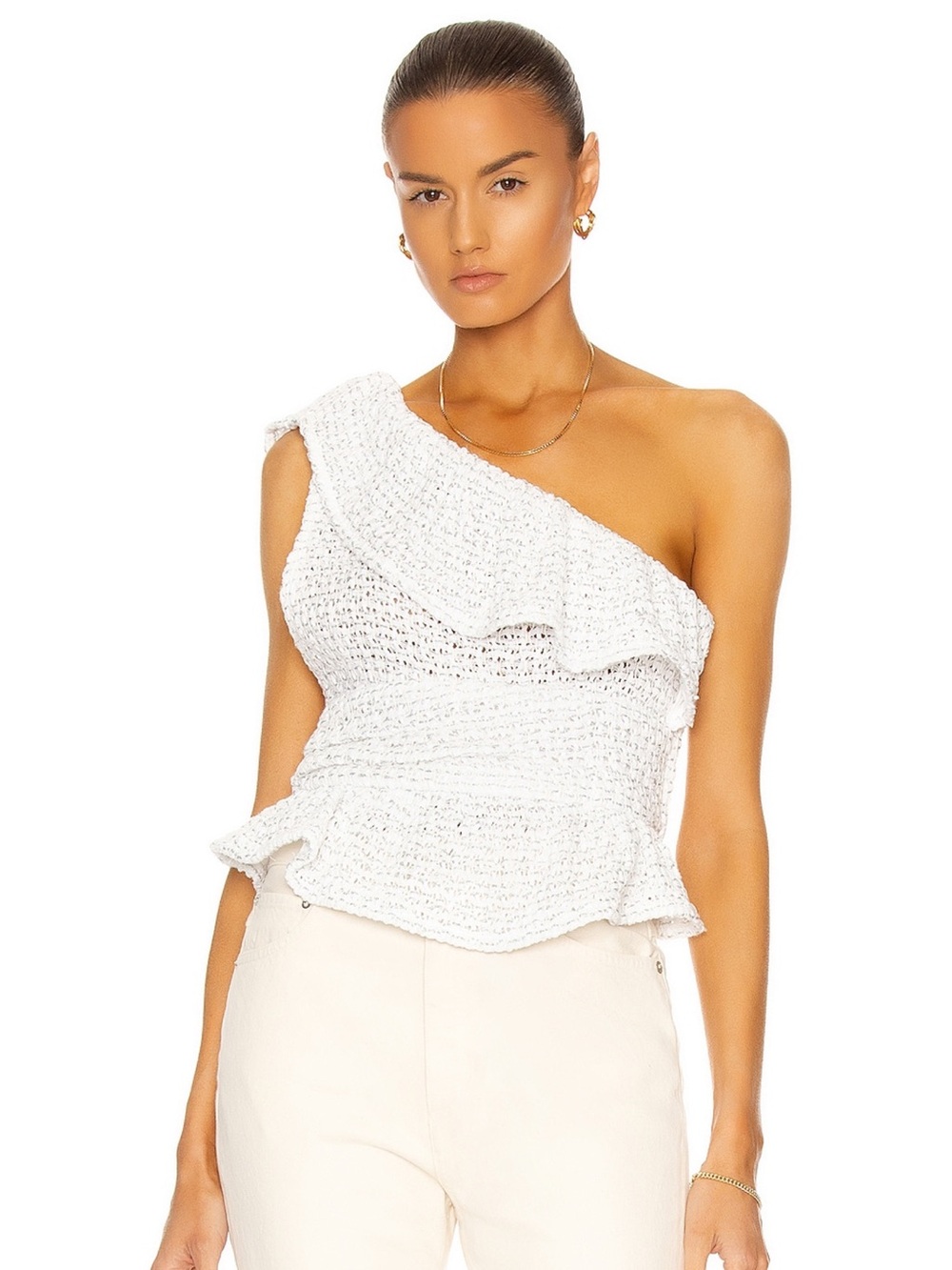 IRO One-Shoulder Ruffle Knit Top in White